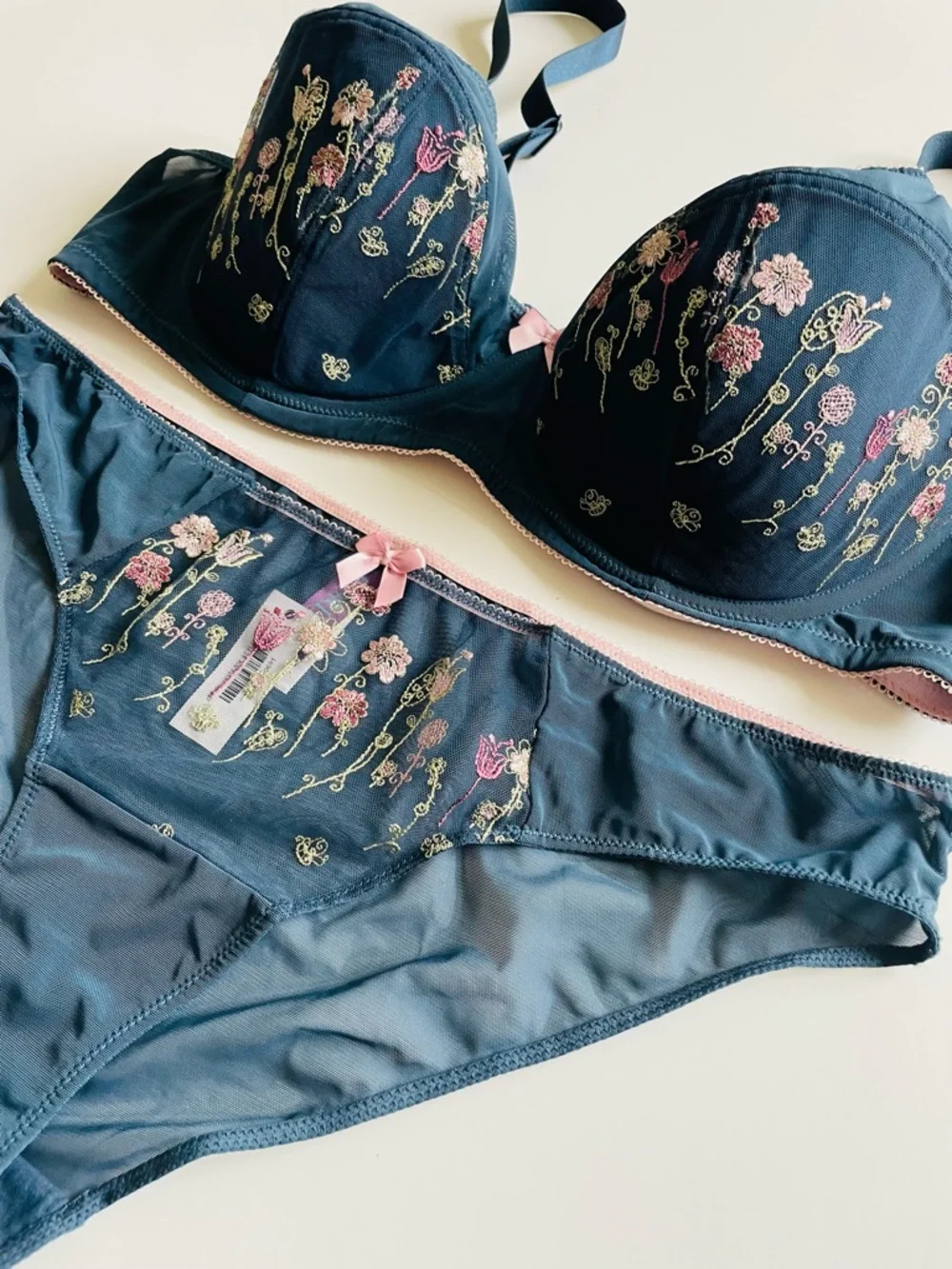 NWT Adore Me 42DD 0X blue floral embroidered bra set with panties
